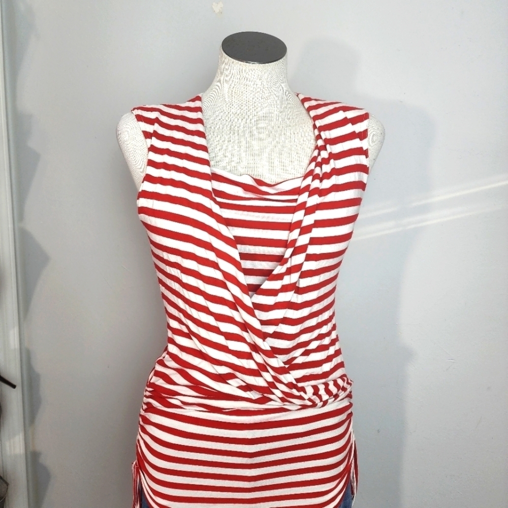 Maille Demoiselle Y2K Red & White Striped Sleeveless Ruched Women's Top Size S